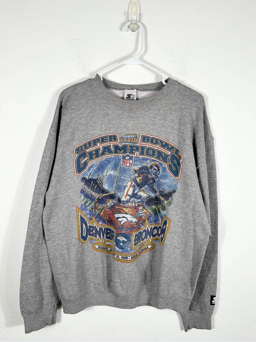 👁️ Vintage 90s Starter Denver Broncos Super Bowl 33 Champions Sweatshirt Grey